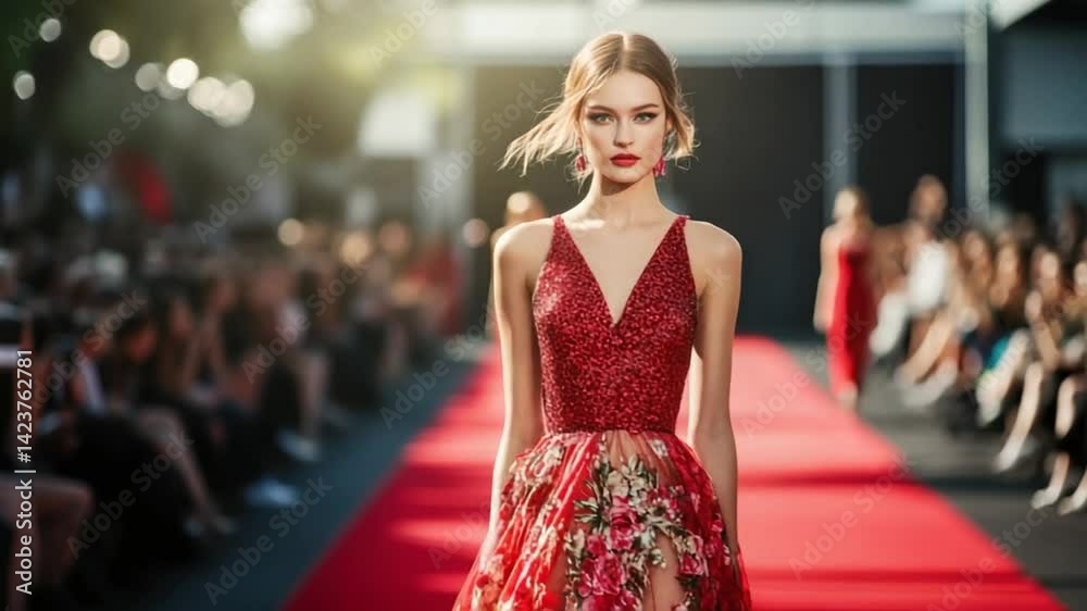 Captivating model gracefully walks the runway in a stunning red floral dress at fashion event