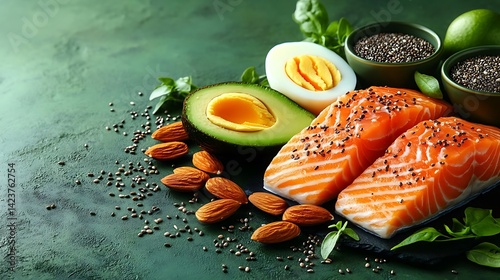 Healthy food selection featuring salmon, avocado, eggs, and nuts. photo
