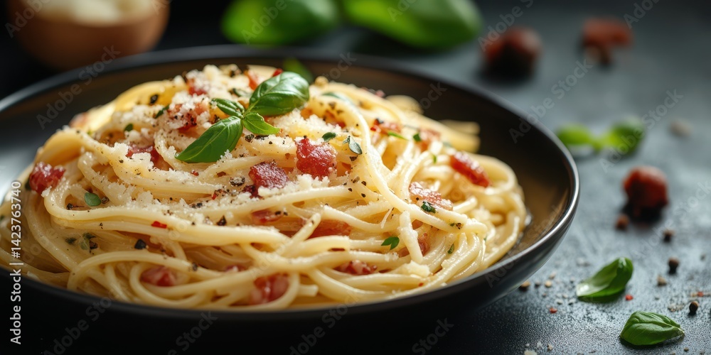 Delicious spaghetti with fresh basil and parmesan on a dark table setting Delicious spaghetti with fresh basil and parmesan on a dark table setting