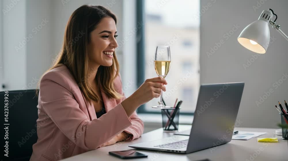 Woman in pink blazer raises champagne glass during video call, smiling joyfully at laptop in bright home office Woman in pink blazer raises champagne glass during video call, smiling joyfully at laptop in bright home office