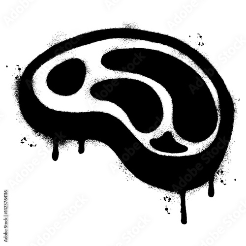 Graffiti style stencil illustration of a raw steak or meat cut. Rendered in bold black spray paint with artistic drips and splatter texture.
