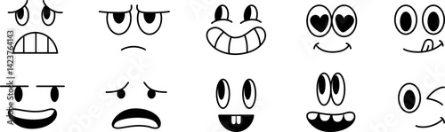 Simple vector cartoon faces, abstract design mascots - handmade year 2000 stickers and badges, happy and angry expressions, stickers and icons with different facial expressions
