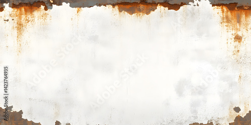 Rusted metal wall background. Weathered white painted metal surface with streaks of rust, rust stains. Grunge texture, corrosion, abstract pattern of rust spots. Aged, weathered metal plate. photo