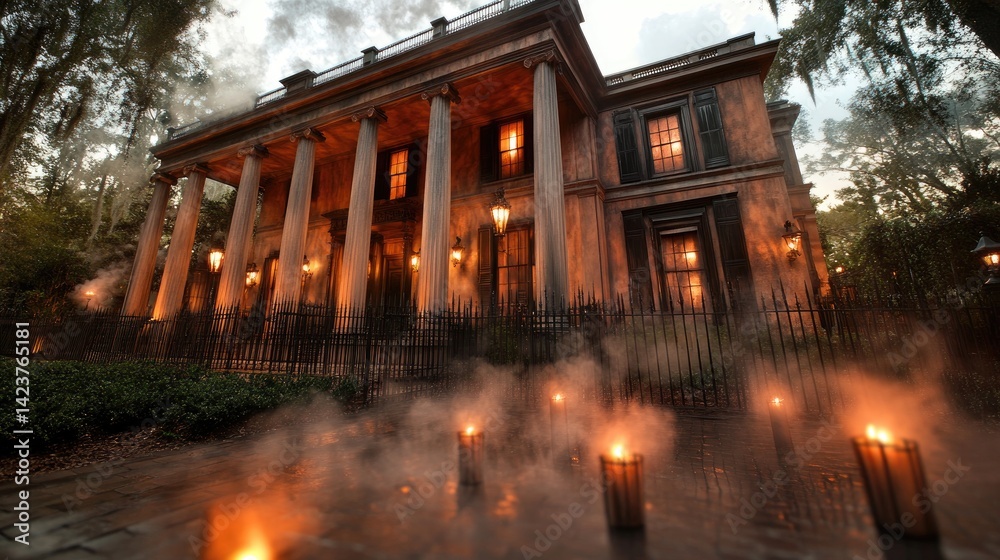 Fototapeta premium A haunted mansion with flickering candlelight in the background.