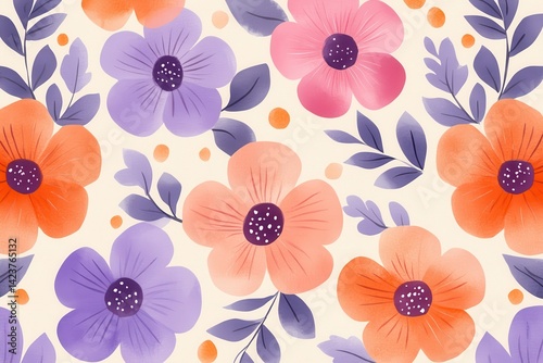 Wallpaper Mural Colorful Watercolor Floral Pattern with Delicate Leaves and Polka Dot Accents Torontodigital.ca