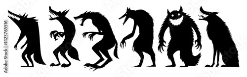 Diverse menacing silhouettes of werewolves pack creating a nightmarish horror scenario