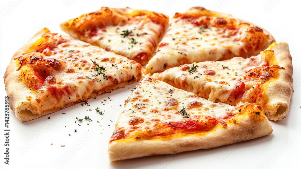Pizza slices with melted mozzarella and aromatic thyme on white background Pizza slices with melted mozzarella and aromatic thyme on white background