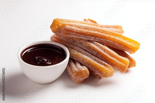 Delicious churros with chocolate dipping sauce  isolated on white background