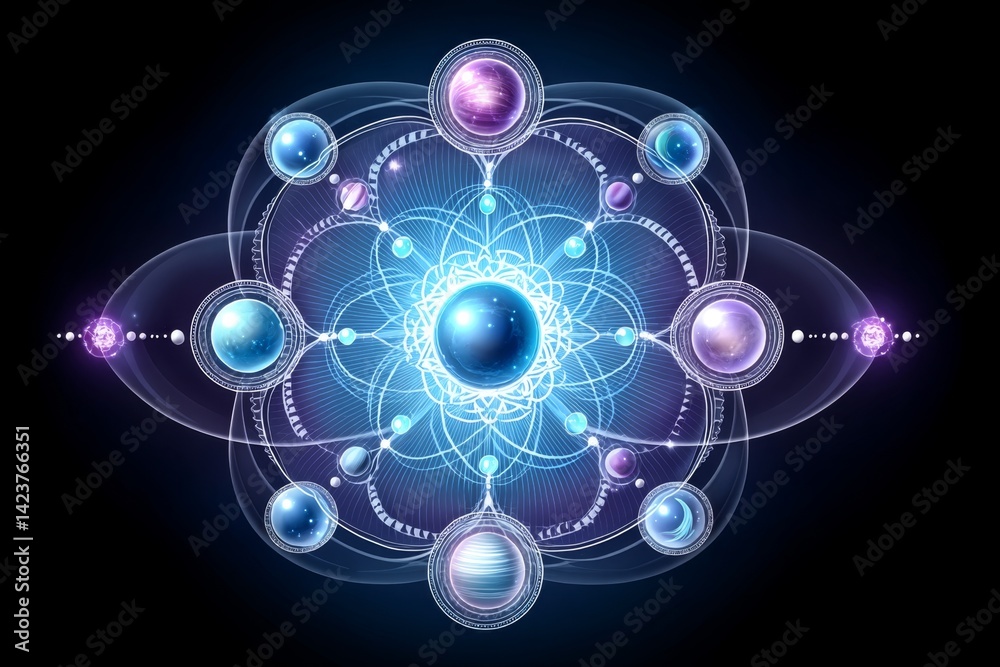 Cosmic unity represented by circle of elements around one figure Cosmic unity represented by circle of elements around one figure