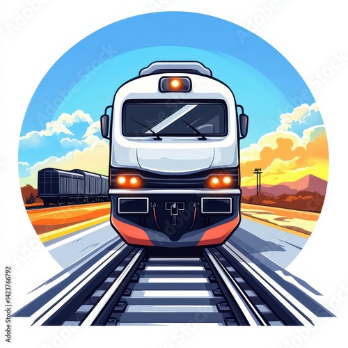 Train travels on a scenic railway at sunset with a cargo train in the background and vibrant clouds in the sky