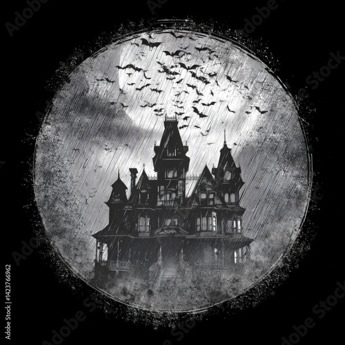 Etched Haunted House with Bats and Full Moon, Spooky Halloween Illustration. Perfect for T-shirts, Posters, Invitations, and Halloween Decor.