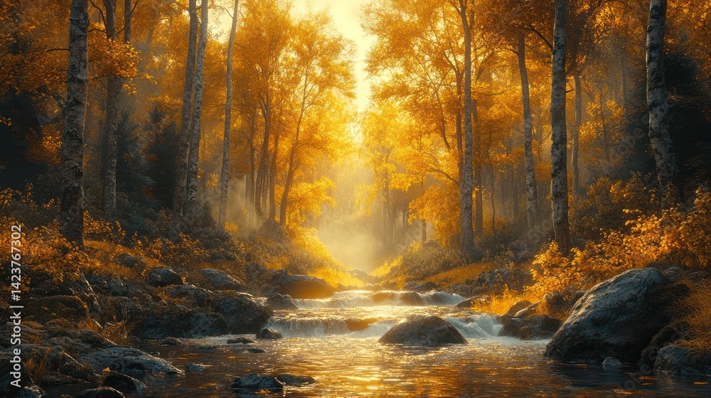 Golden sunlight forest creek scene Golden sunlight forest creek scene