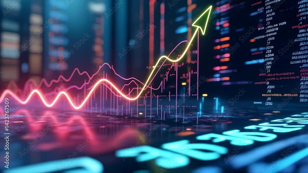Bright neon pink graph line representing fluctuating and rising ...
