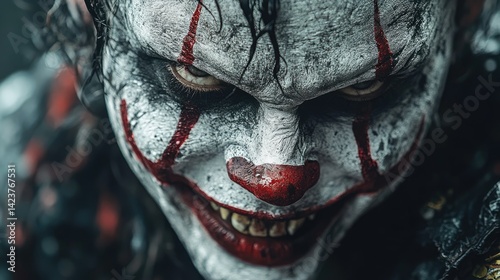 A horror clown grinning with a foggy carnival in the background.