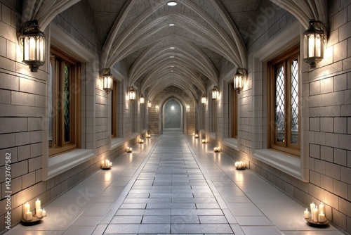 Gothic hall of honor with torches and ancient stone statues
