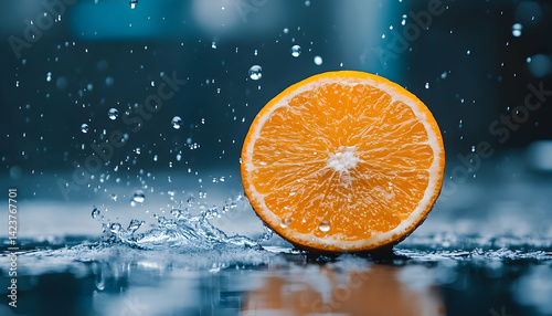 A vibrant orange slice splashes in water droplets, creating a refreshing scene in a kitchen