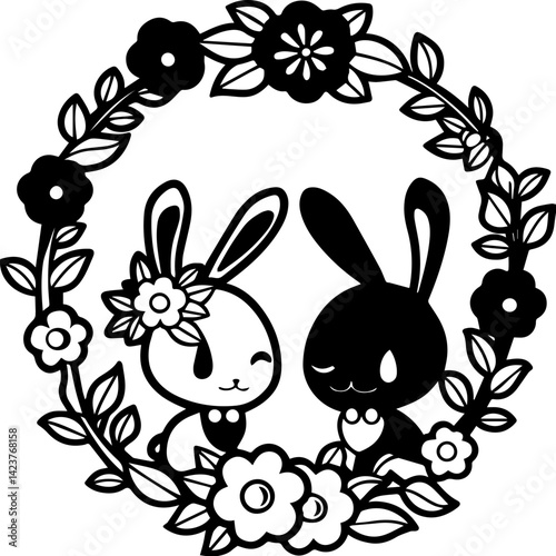 Cute bunny with flowers in a wedding illustration, SVG with clean lines. Cute Bunny Character Holding Flower with Heart Background