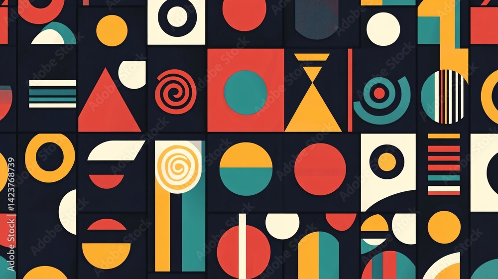 Colorful geometric pattern featuring circles, triangles and squares
