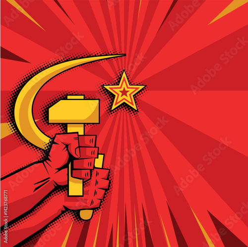 Red propaganda poster retro style. Sickle and hammer in hands, five-pointed star with rays. Vector template for text