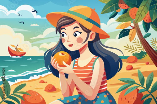vector of A girl eats a juicy peach on the beach. Peaches are ripe.