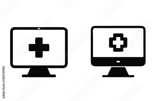 Simple Vector Illustration of Computers with Medical Cross Icons