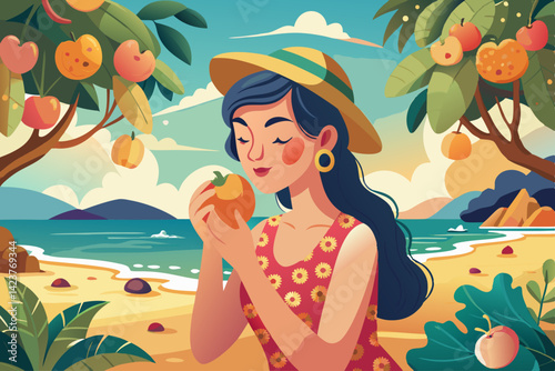 vector of A girl eats a juicy peach on the beach. Peaches are ripe.