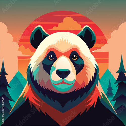 Colorful panda portrait against sunset.