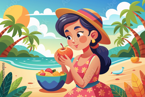 vector of A girl eats a juicy peach on the beach. Peaches are ripe.