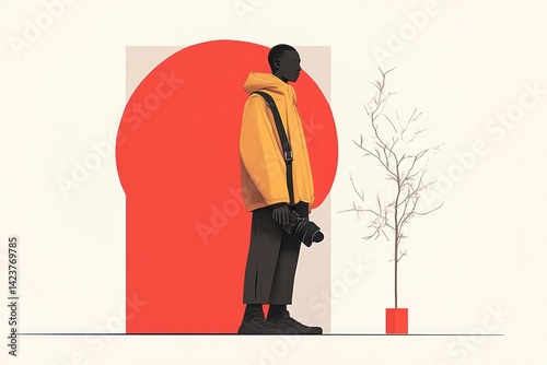 A person in a yellow hoodie standing against a bold red backdrop holding a camera with a minim