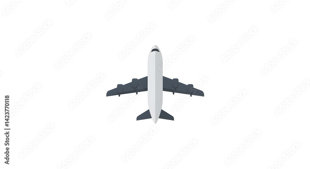 Vector illustration depicts an isolated white jet airplane soaring through the sky, representing air travel