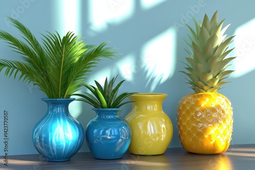 Still Life Arrangement, Tropical Fruit and Verdant Plants in Decorative Vases