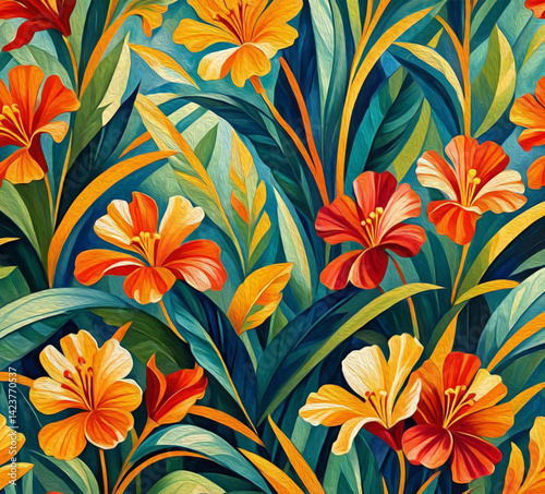 Bottanical pattern . Oil painting . Pattern to print for wall decorations. Spring flowers