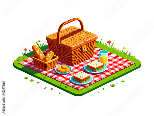A blanket spread on green grass with a woven wicker picnic basket resting on a red and white checkered blanket
