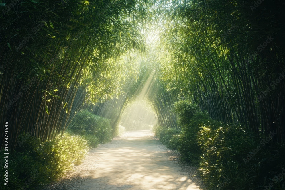 Fototapeta premium Serene pathway through a bamboo grove with sunlight filtering down