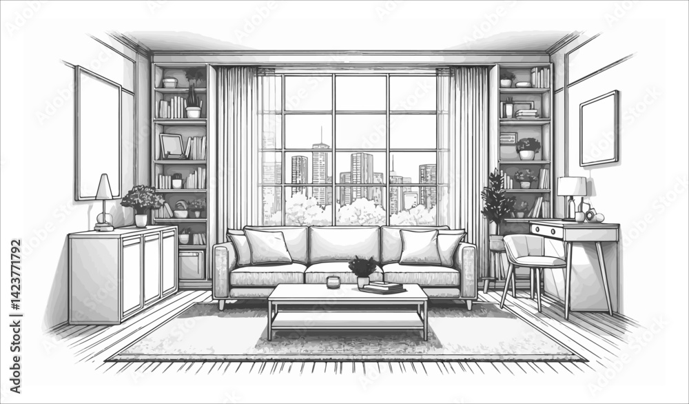 Bright living room with city view in windows Bright living room with city view in windows