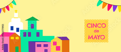 Colorful cinco de mayo celebration with festive urban skyline and flags.
