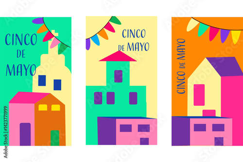 Colorful cinco de mayo celebration banners with festive buildings and decorations.