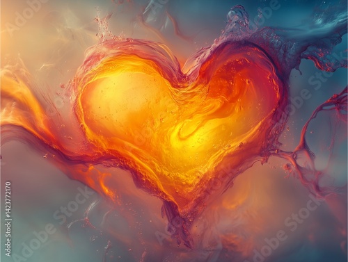 surreal image of a floating heart made of glowing liquid, surrounded by abstract, fluid shapes,  smooth lines, vibrant colors