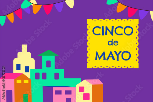 Colorful cinco de mayo celebration banner with festive decorations and mexican village.