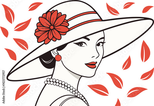 Elegant Vintage Woman with Wide Brimmed Hat Retro Fashion Illustration Art