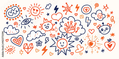 Hand Drawn Doodle Collection of Cute Sun Hearts Clouds and More