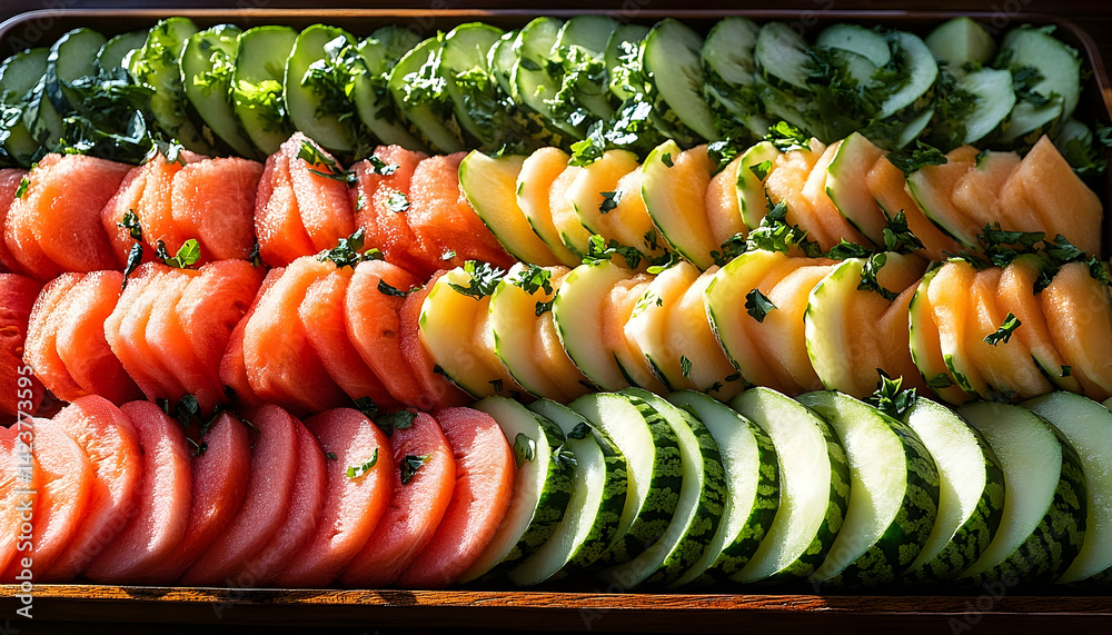 Fototapeta premium Colorful arrangement of fresh fruits on a wooden platter, showcasing vibrant slices of melons, cucumbers, and herbs in a sunny setting