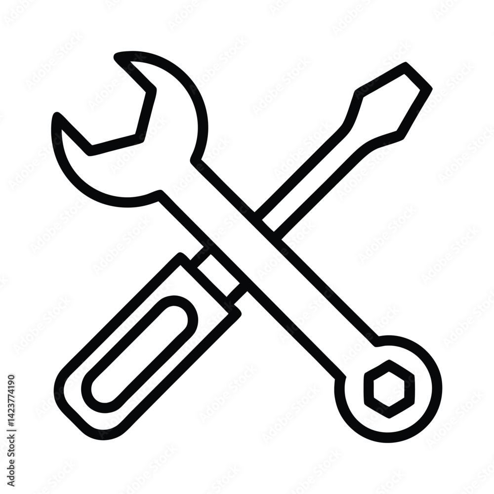 Wrench And Screwdriver Icon Crossed In Black Line Art On Transparent Background Wrench And Screwdriver Icon Crossed In Black Line Art On Transparent Background