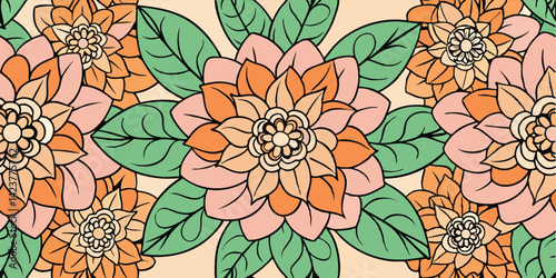 Peach and Coral Flower Seamless Pattern Retro Floral Design Botanical Illustration