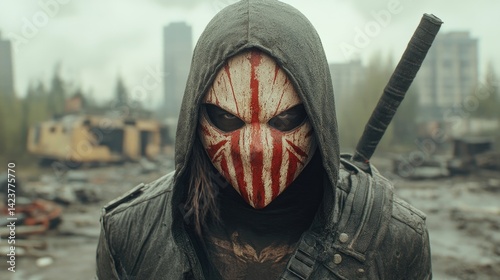 A masked vigilante standing with a destroyed city in the background.