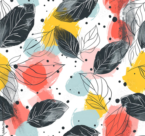 This vibrant design showcases a seamless pattern with a mix of black and white leaves intertwined with colorful abstract shapes