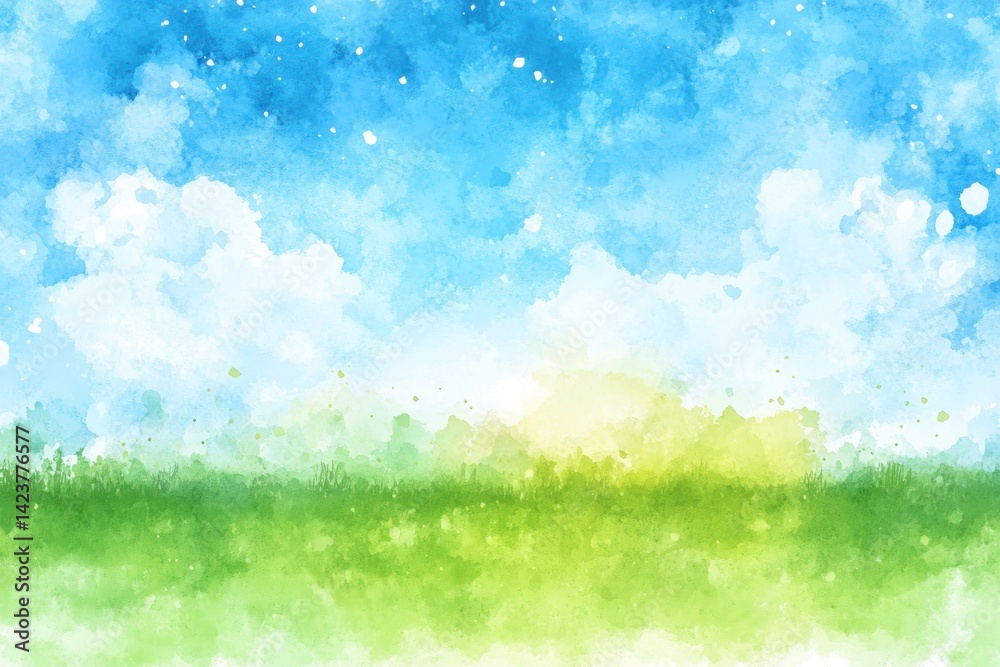 Fototapeta premium Watercolor landscape green grass and blue sky