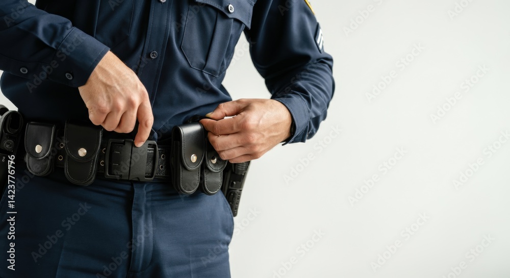 Police officer adjusting utility belt close-up Police officer adjusting utility belt close-up