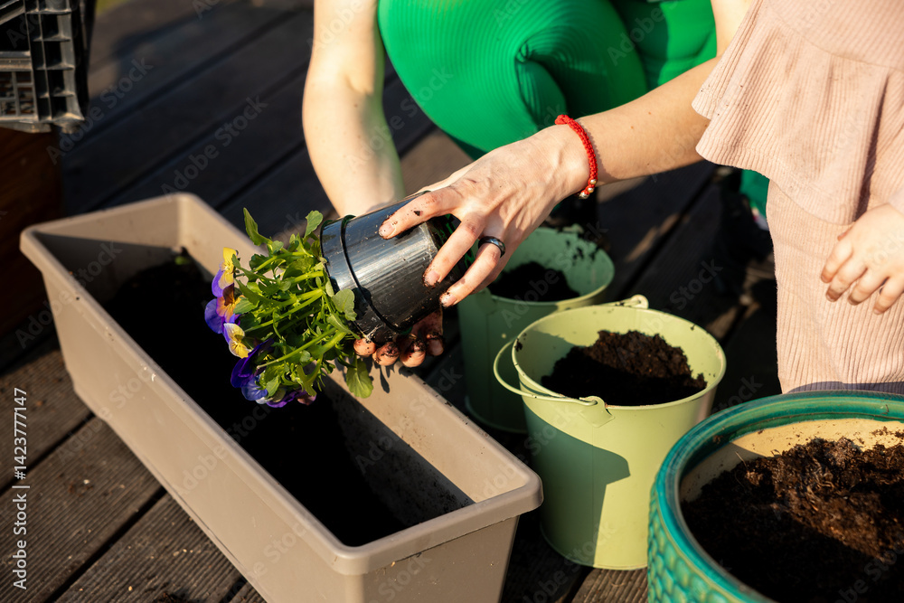 Two individuals plant flowers on a wooden deck, with one holding a potted plant. Additional pots, soil, and sunlight enhance the gardening activity.
