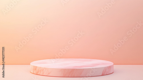 round platform with smooth, pink marble texture is set against soft, gradient background that transitions from light peach to pale pink. This serene and elegant scene evokes sense of calm